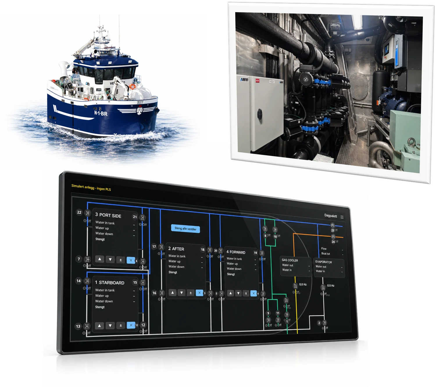 The vessel at sea, the machinery room with the RSW plant, and the customised HMI screen.